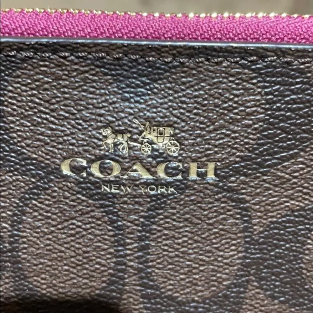Coach wristlet brown print raspberry accents nwot